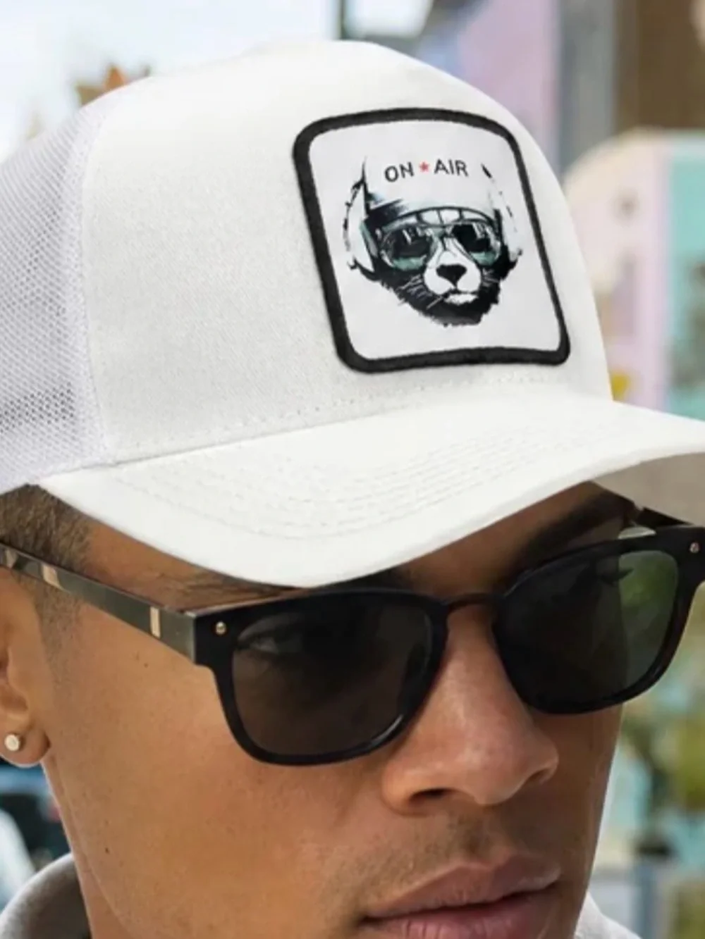 Black Bork snapback White 'On Air' Trucker Cap with Animal Patch